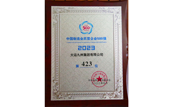 2023年，大運集團中國制造業(yè)民營企業(yè)500強榮譽